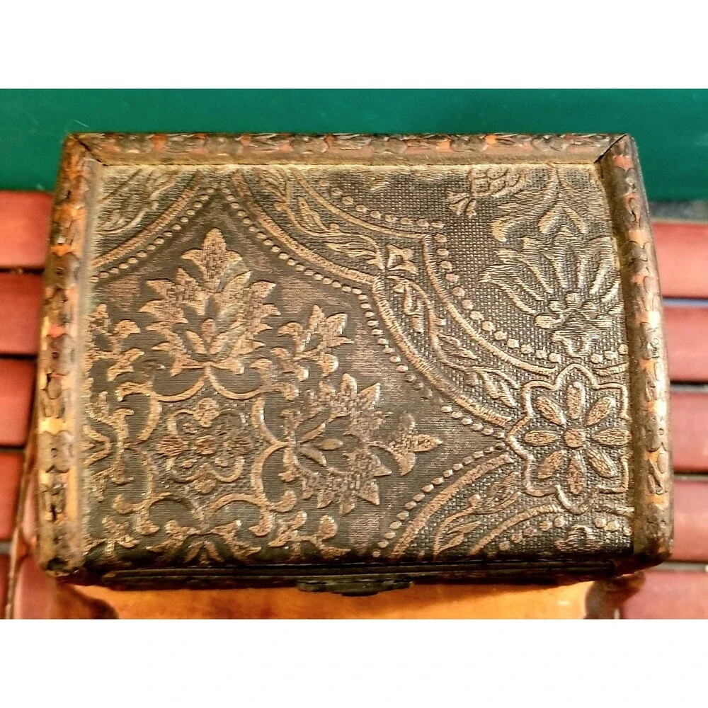 Wooden Treasure Chest Jewelry Box Leather Embossed W/ Floral Pattern Carved Trim